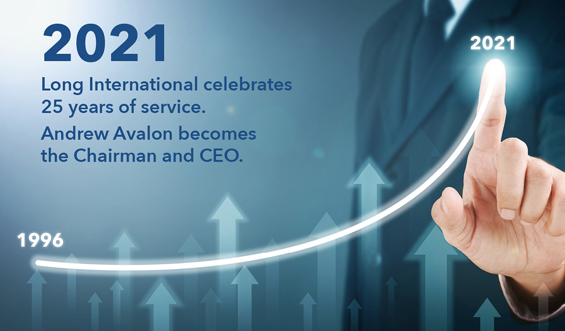 In 2021, Long International celebrates 25 years of service. Andrew Avalon becomes the Chairman and CEO.